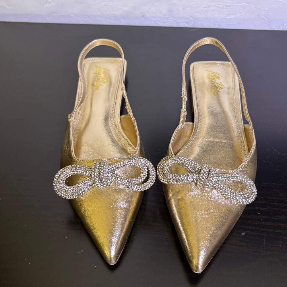 Lilly Pulitzer Brit Gold Leather Slingback Dressy Summer Event Bling Bow Size 9 - Picture 6 of 15